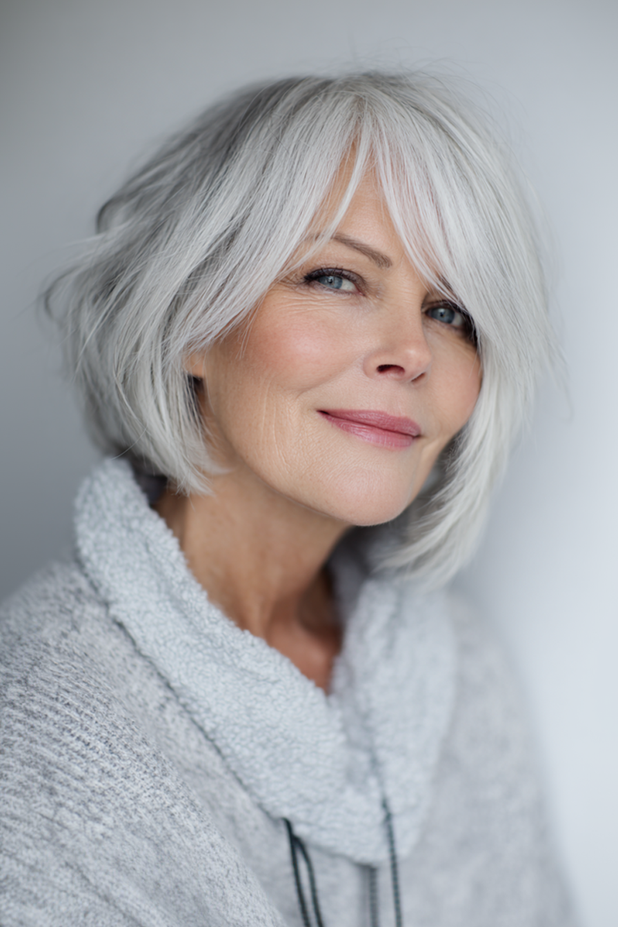 24. zerbrochener Bob mit weichem Silber (kantige Haarschnitte für Frauen über 50) - kantige Haarschnitte für Frauen über 50