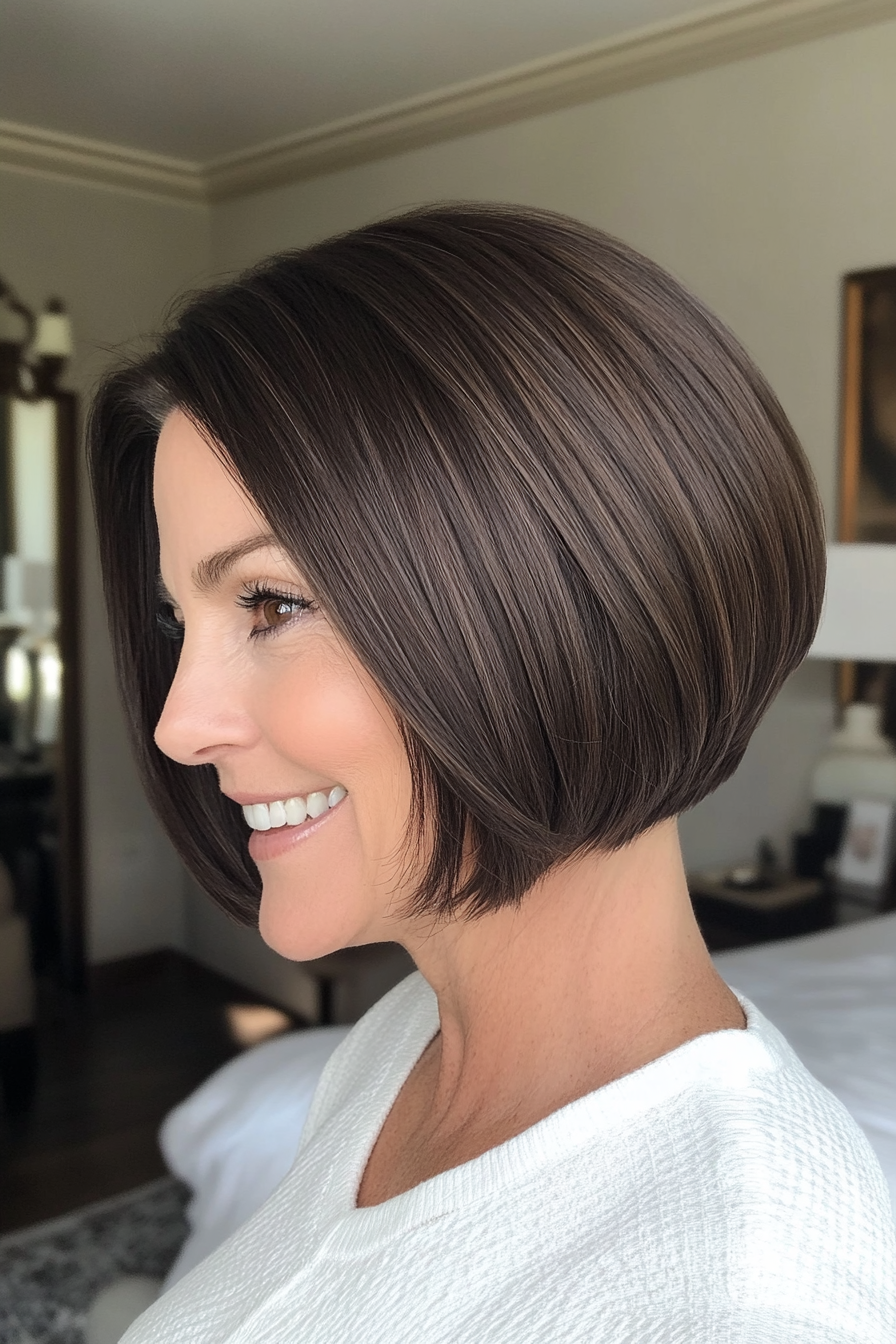 24. Kurzer und schlanker sich verjüngter Bob in dunkler Mokka (schicke kurze Frisuren für Frauen über 40) - schicke kurze Frisuren für Frauen über 40