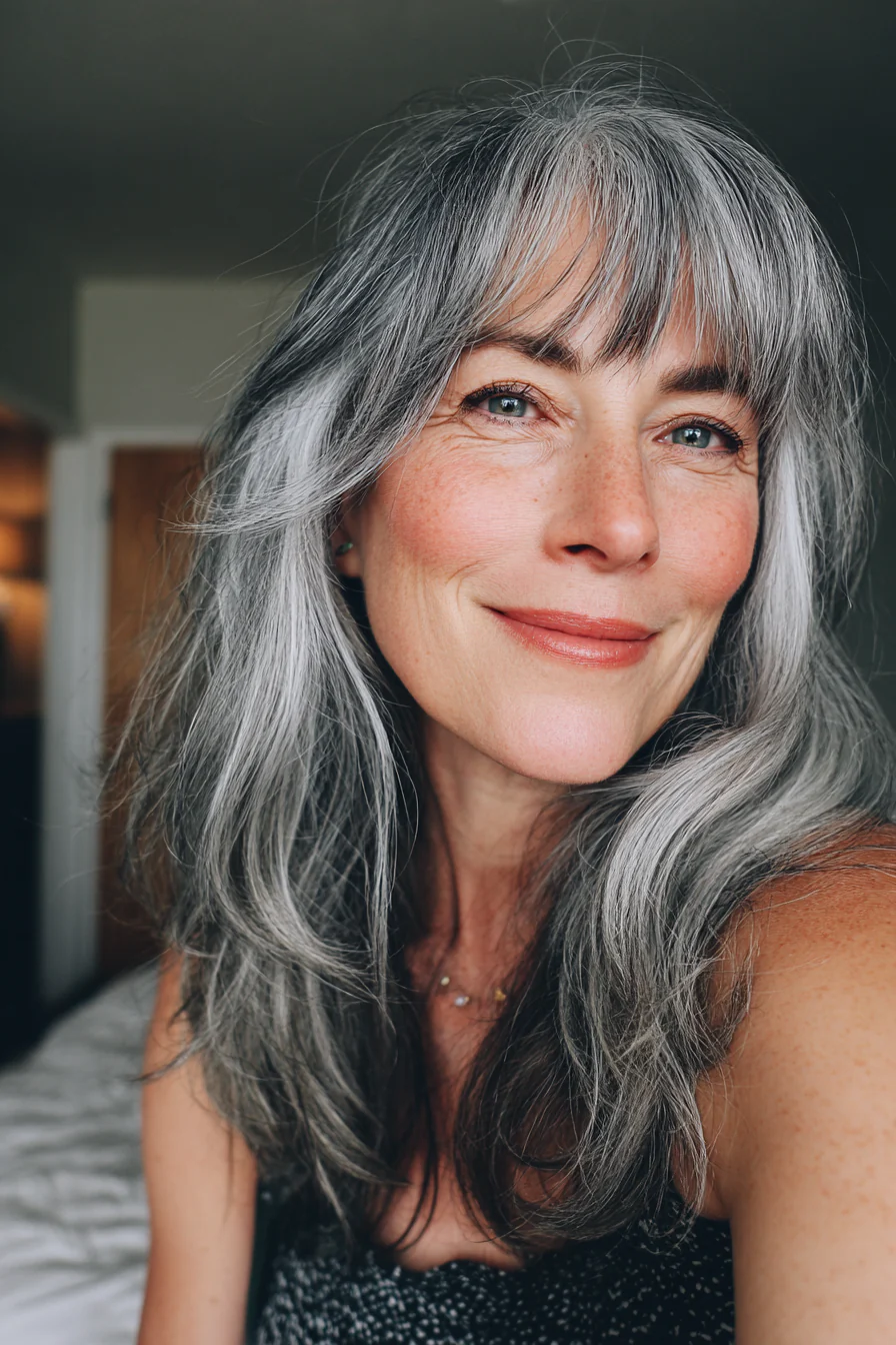 24. Schulterlanges Haar mit zarten Seitenfransen in Naturgrau (Mittellange Frisuren mit Pony) – Mittellange Frisuren mit Pony