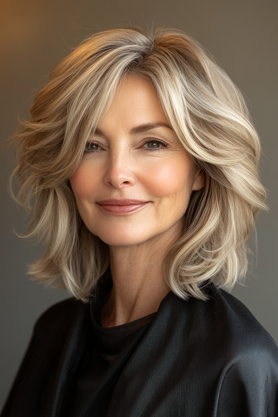 24. Schulterschuh Shag in Beige Blonde (mittel- bis kurze Haarschnitte für Frauen über 50) - mittel- bis kurze Haarschnitte für Frauen über 50