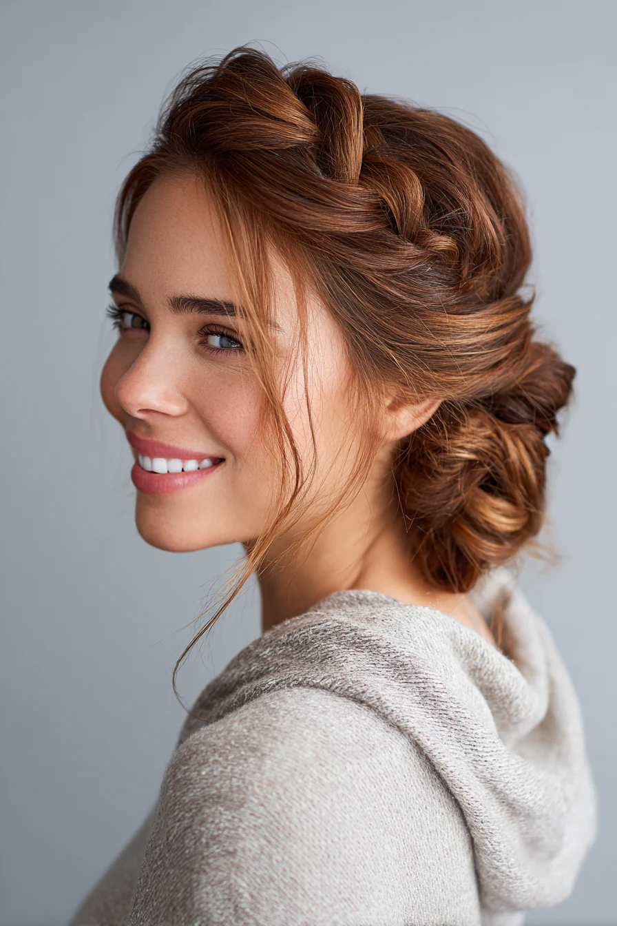 24. Seitlicher Zopf zum niedrigen Chignon in Ahornbraun (Brautfrisuren) – Brautfrisuren