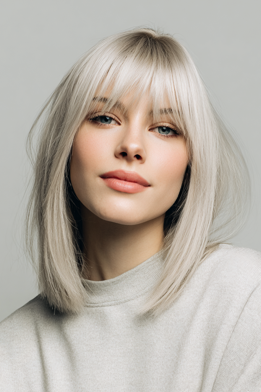 24. Schlafen Lob mit eisigen blonden Fransen (lange Bob -Frisuren mit Pony) - lange Bob -Frisuren mit Pony