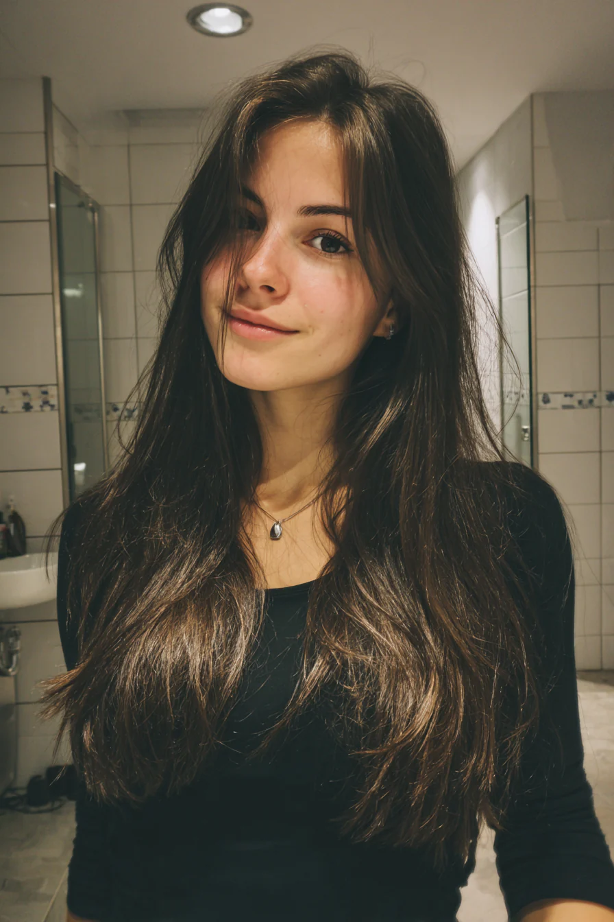 24. Smoky Brunette Stufenschnitt (Gerade Grunge-Frisuren) – Gerade Grunge-Frisuren