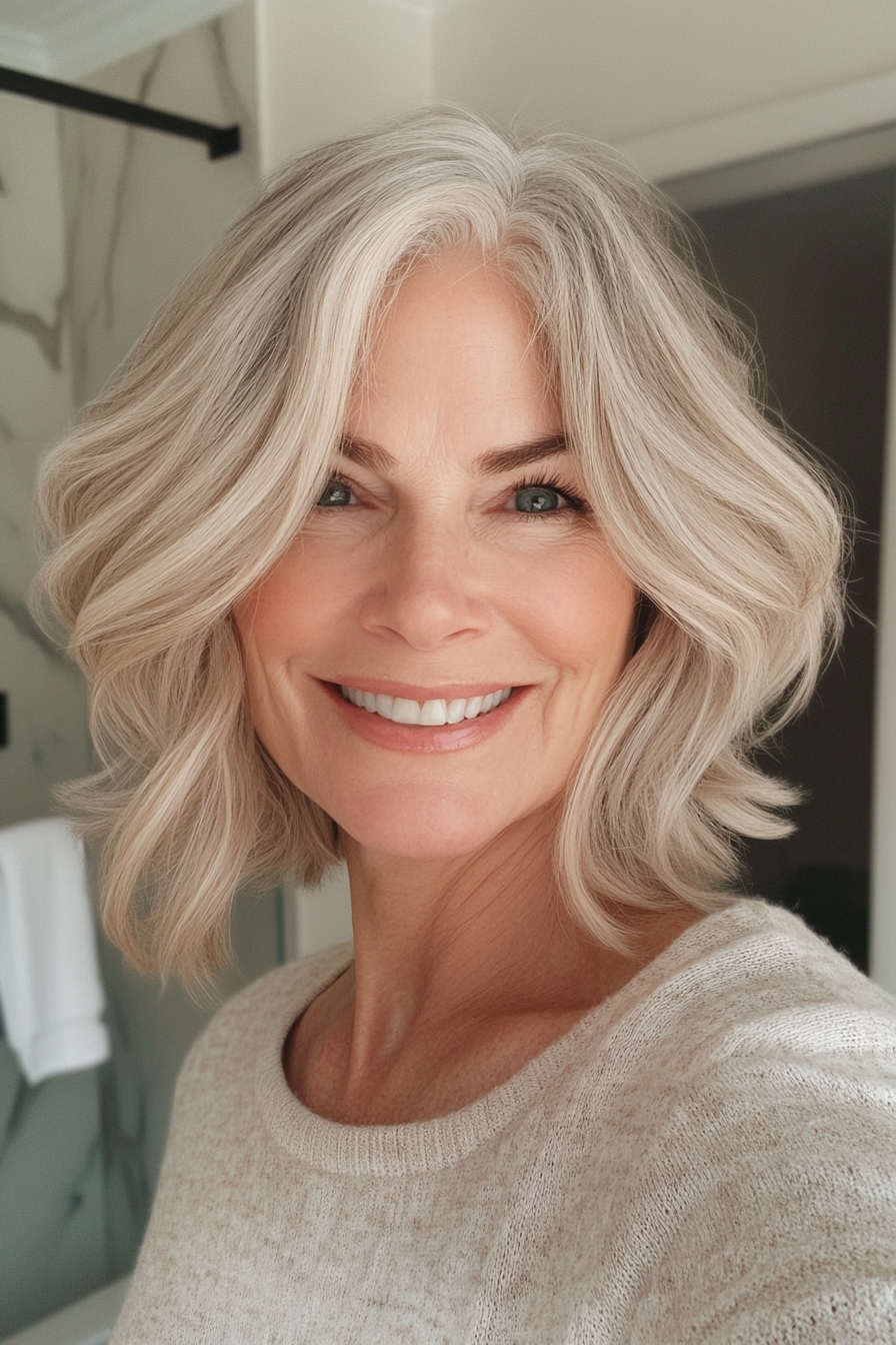 24. Soft Beige Blonde zerzaust Bob (Haarschnitte für Frauen über 50 mit grauem Haar) - Haarschnitte für Frauen über 50 mit grauen Haaren
