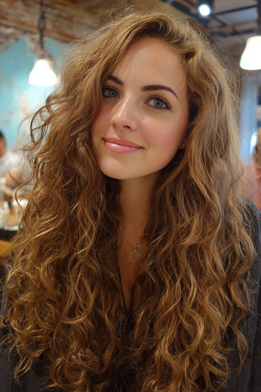 24. Weiche goldene brünette Locken in voller Länge (lange lockige Haarschnitte) – Lange lockige Haarschnitte