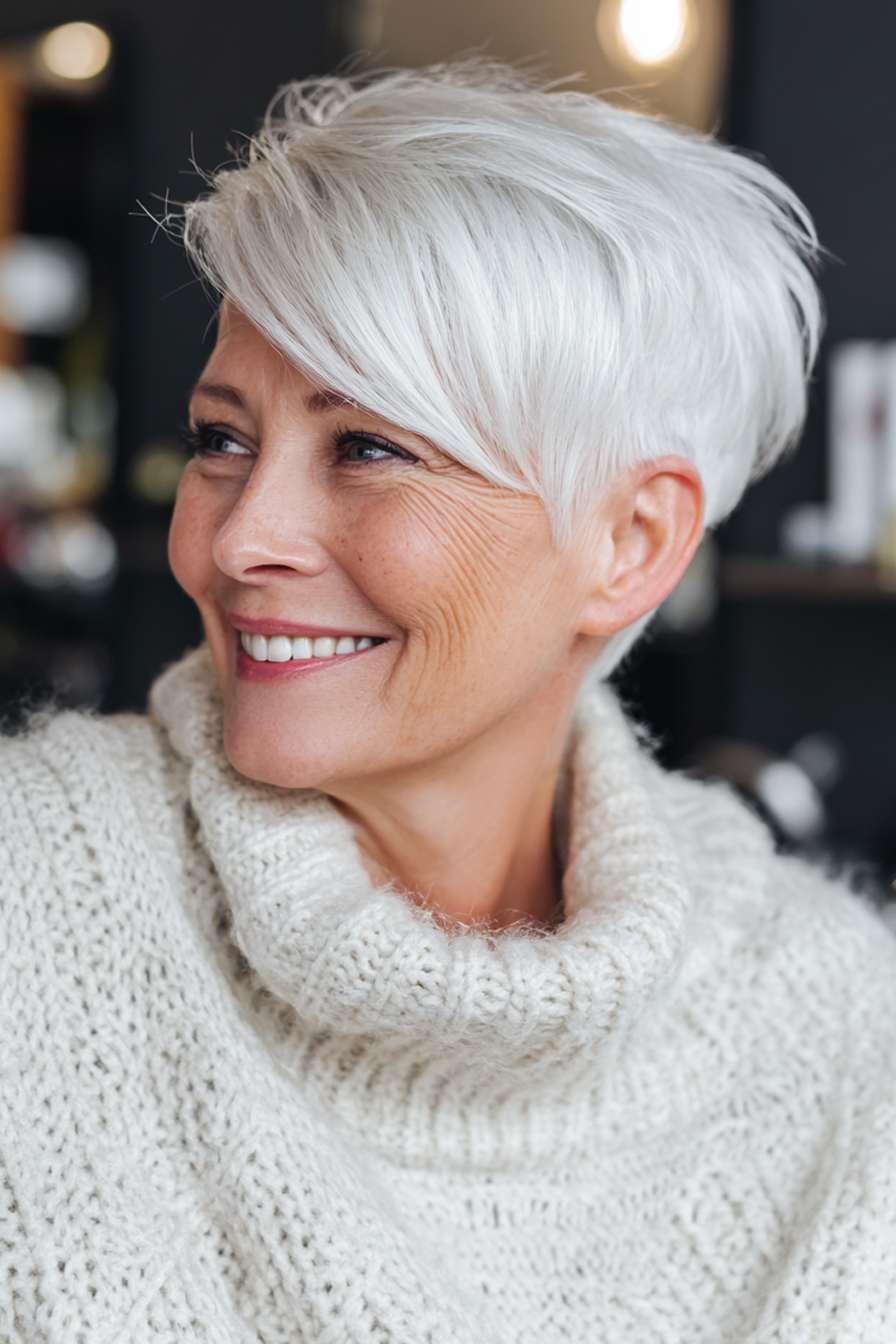 24. Sanfter Pixie mit weißblondem Balayage (Stufen-Pixie-Haarschnitte für Frauen über 60) – Stufen-Pixie-Haarschnitte für Frauen über 60