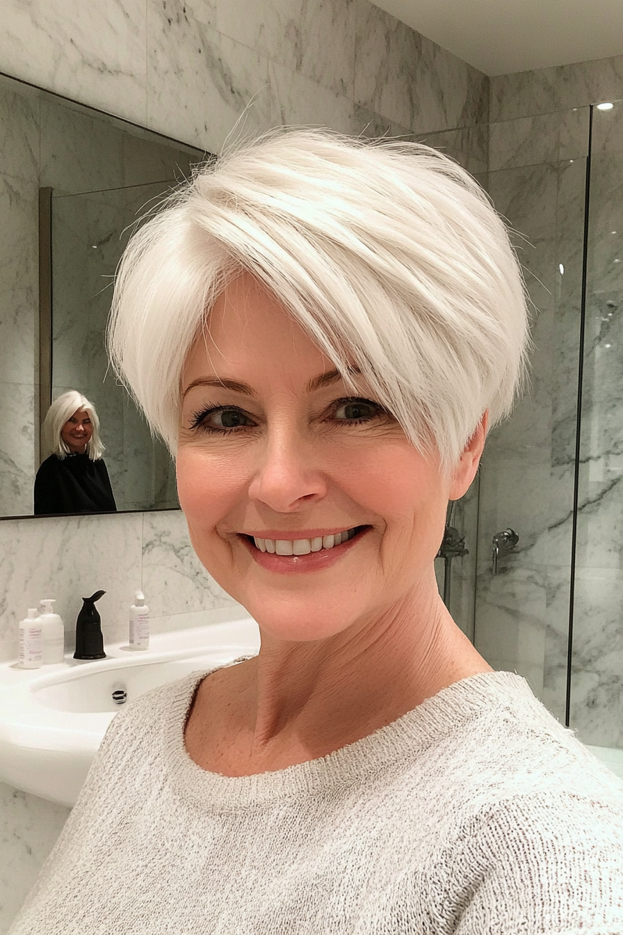 24. Weich weiß gefiederte Pixie (kurze trendige Haarschnitte für Frauen über 60) - kurze trendige Haarschnitte für Frauen über 60