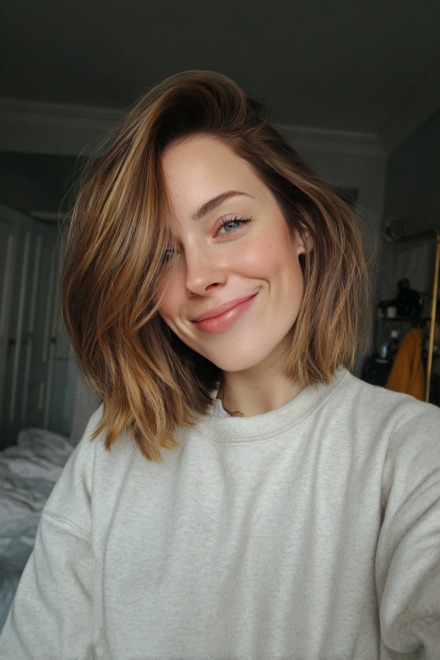 24. Stapelte Bob mit subtilen Toffee Balayage (mittelgroße geschichtete Bob -Frisuren) - mittelgroße, geschichtete Bob -Frisuren
