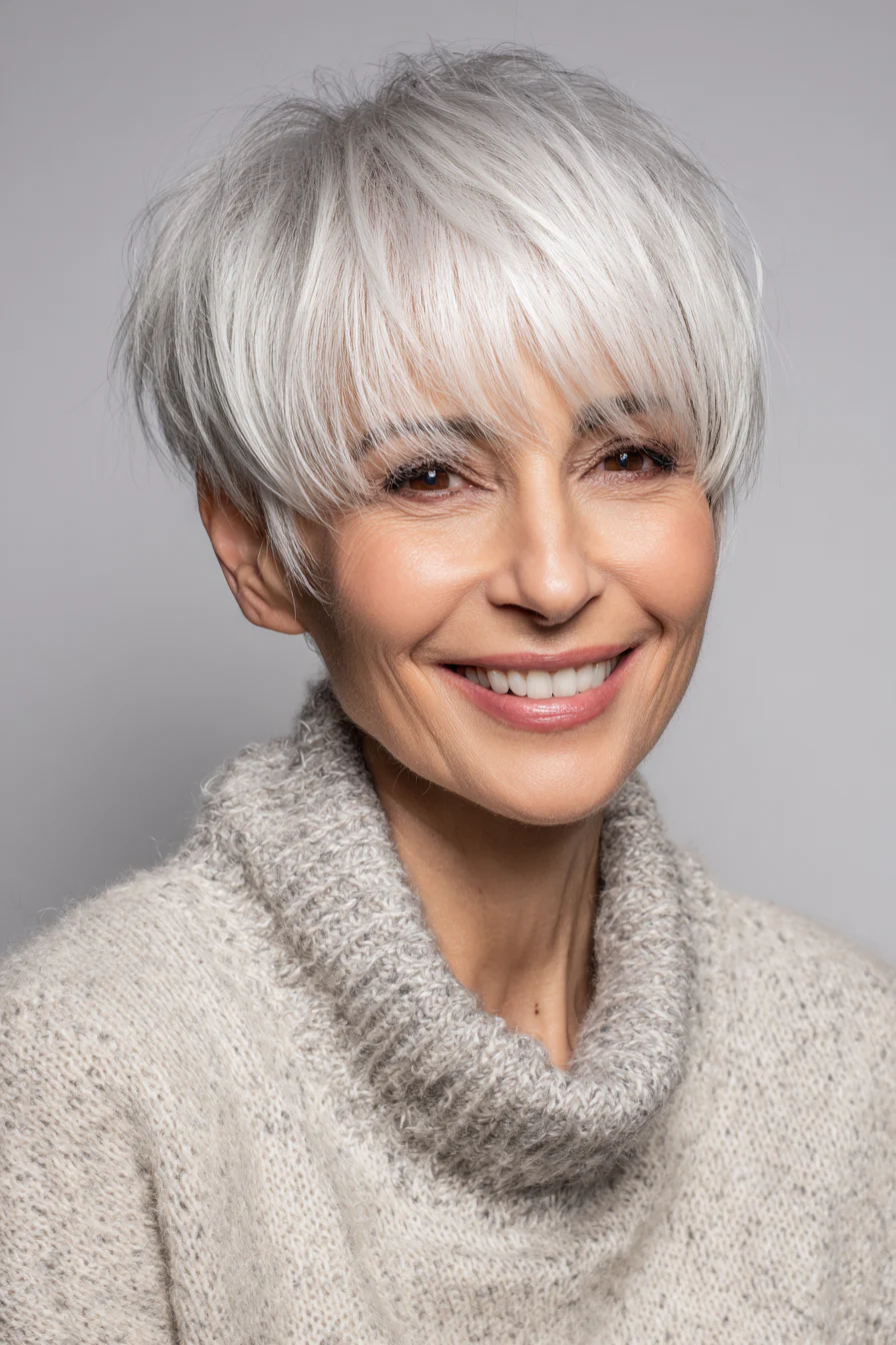 24. Strukturierter Pixie-Bob in Eisperlblond (Haarschnitte für Frauen über 60 mit schütterem Haar) – Haarschnitte für Frauen über 60 mit schütterem Haar