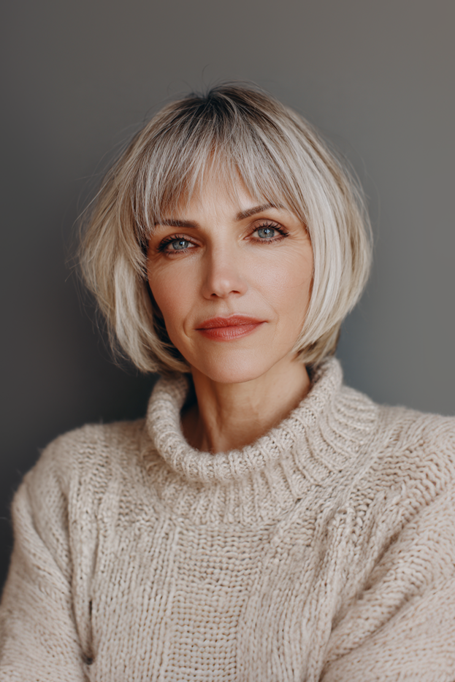 24. Stroped Bang Bob in Kaffeemahnen (Kinnlänge für ältere Frauen) - Kinnlänge Haarschnitte für ältere Frauen