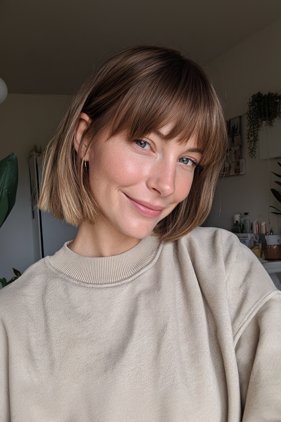 24. Tapered Bob mit abgerundeten Pony in Bronze -Schmelze (kurze Bob -Frisuren mit Pony) - kurze Bob -Frisuren mit Pony