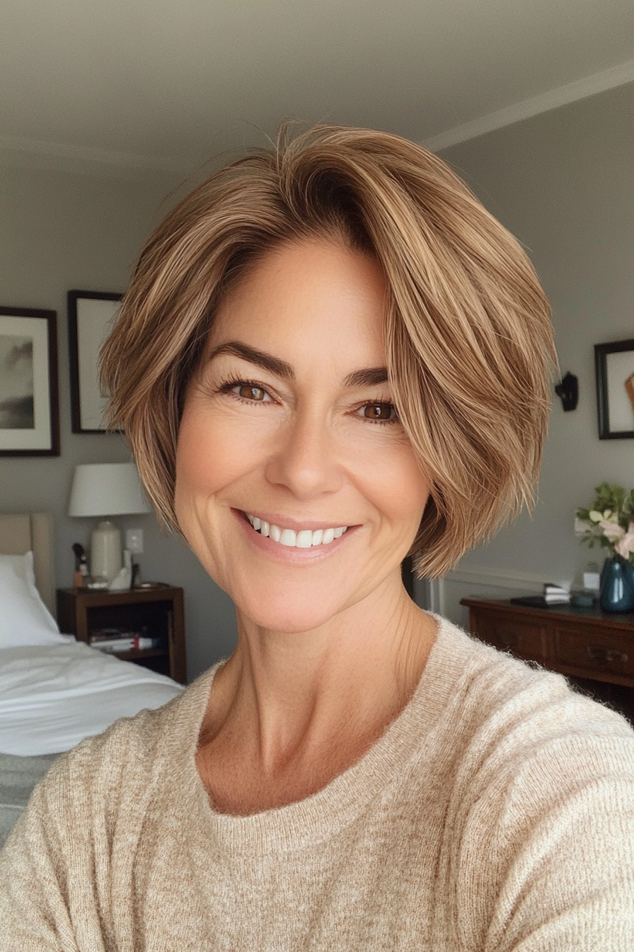 24. Strukturierte hellbraune Rasierer geschnitten (schicke Frisuren für Frauen über 50) - schicke Frisuren für Frauen über 50