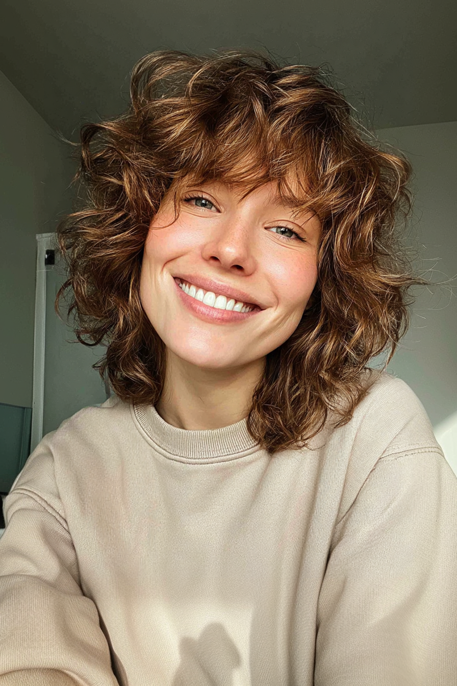 24. Tousled Curly Shag in Ahornbraun (kurze lockige Frisuren für Frauen über 40) - kurze lockige Frisuren für Frauen über 40