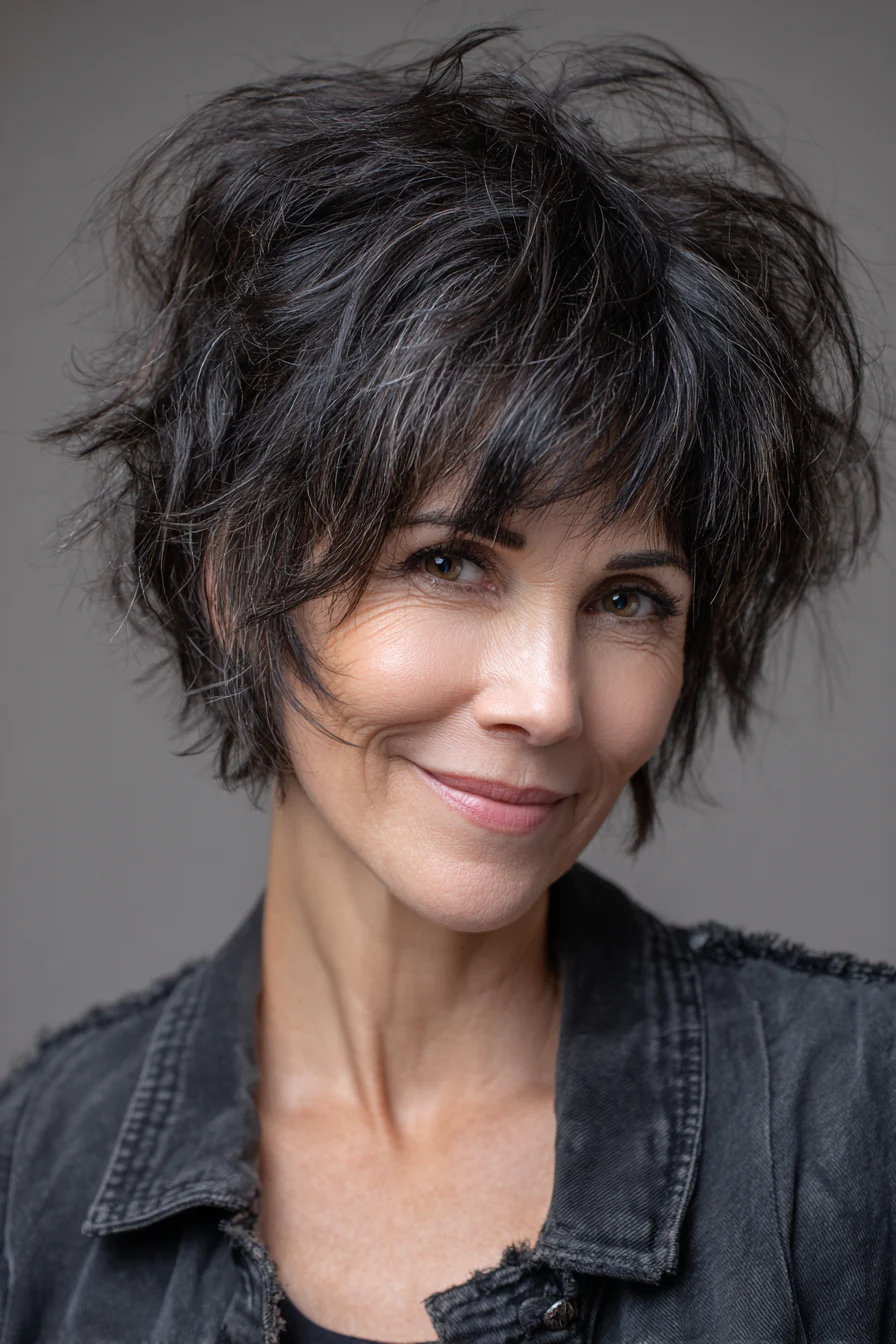 24. Zerzauster, geschichteter, verkürzter Bob – Schwarzbraun (kurze Frisuren für ältere Frauen mit dickem Haar) – Kurze Frisuren für ältere Frauen mit dickem Haar