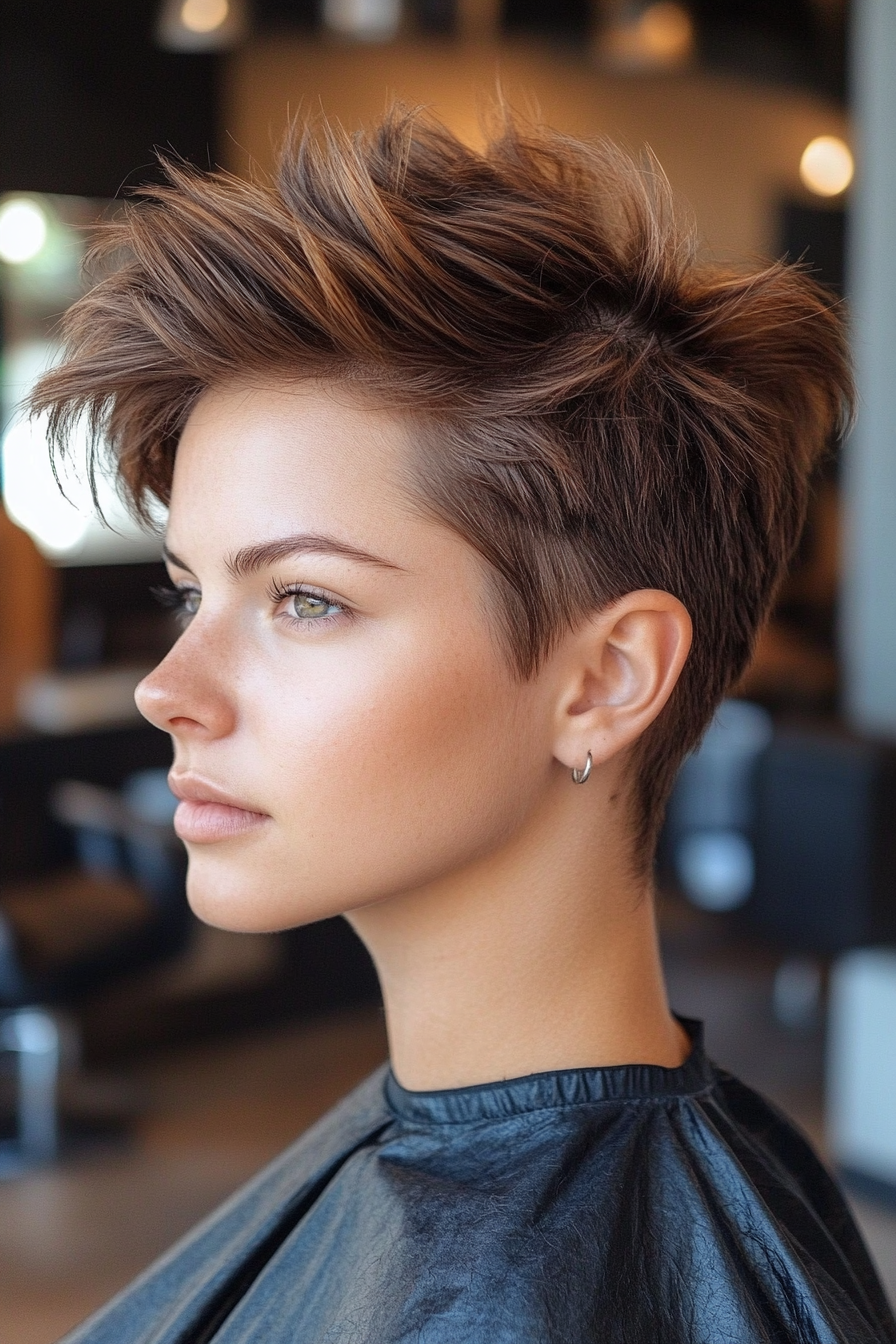 24. Walnussbraun Faux Hawk mit Rasiererschichten (Faux Hawk -Haarschnitte für Frauen) - Faux Hawk -Haarschnitte für Frauen