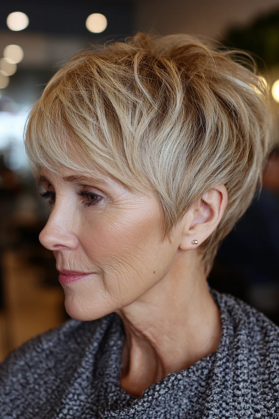 24. Warmer beigefarbener, geformter Pixie-Schnitt (kurze Frisuren für Frauen über 40 mit dünnem Haar) – Kurze Frisuren für Frauen über 40 mit dünnem Haar