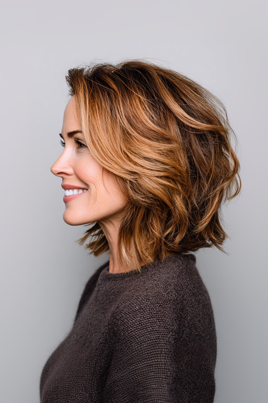 24. Warm Toffee Layered Lob (lange Bob -Haarschnitte für Frauen über 50) - lange Bob -Haarschnitte für Frauen über 50
