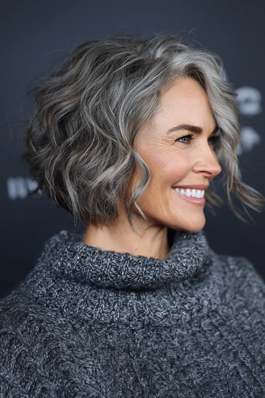24. Welliger Bob mit silbernem Bayalage (Rauchsilber) (Kurze gewellte Frisuren für Frauen über 40) – Kurze gewellte Frisuren für Frauen über 40