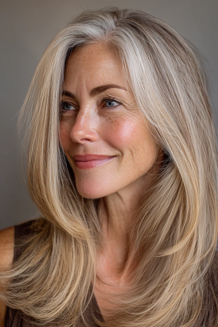 24. Weizenblonde glatte lange Schichten (Haarschnitte für Frauen über 50 mit glattem Haar) – Haarschnitte für Frauen über 50 mit glattem Haar