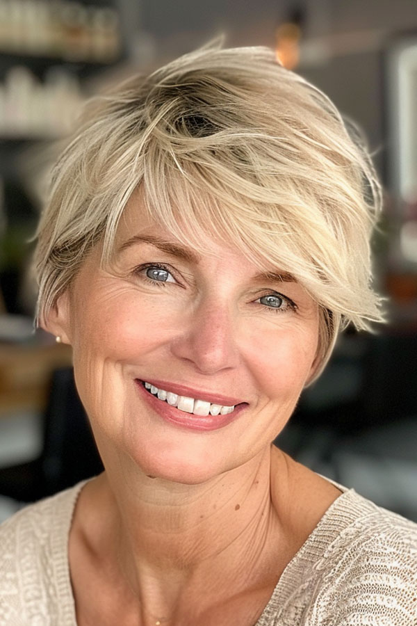 Blonde Wispy Pixie, gefiederter geschichtter Pixie -Haarschnitt