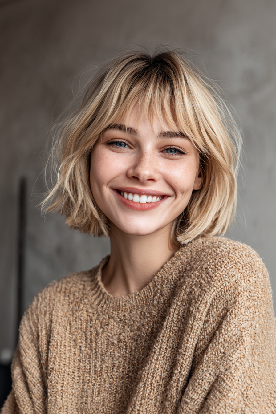25. Chin Bob mit abgestuften Fransen in Eced Latte Blonde (kurze Bob -Frisuren mit Pony) - kurze Bob -Frisuren mit Pony