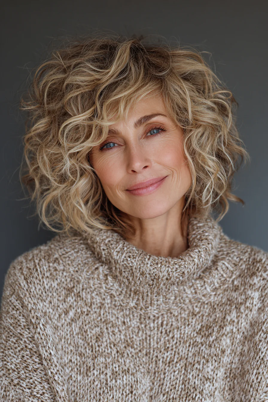 25. Curly Shag Bob mit sandblonden Highlights (Lockige Haarschnitte für Frauen über 60) – Lockige Haarschnitte für Frauen über 60