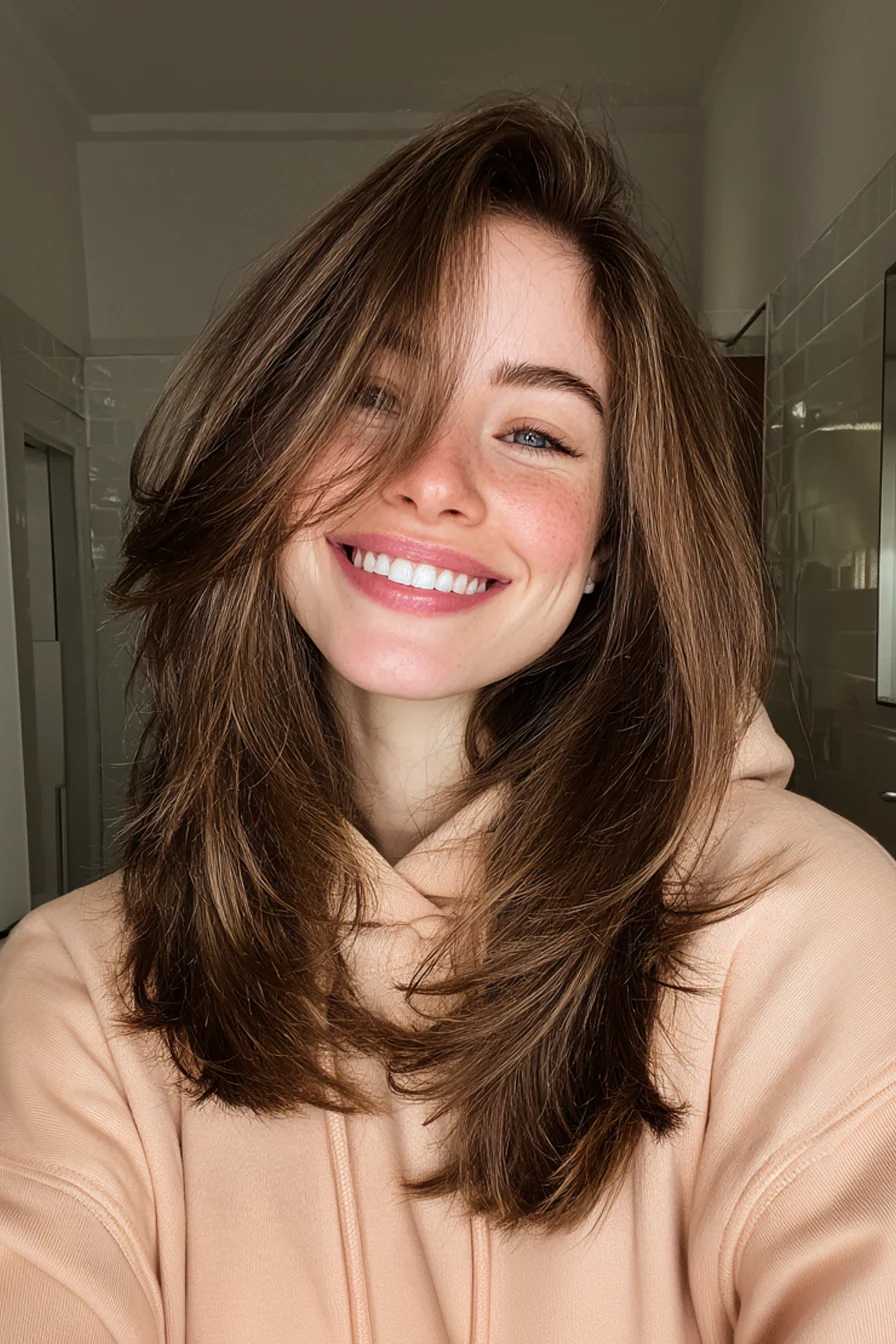 25. Gesichtsumrahmender langer Schnitt mit mandelbraunem Glanz (Haarschnitte für dickes Haar) – Haarschnitte für dickes Haar