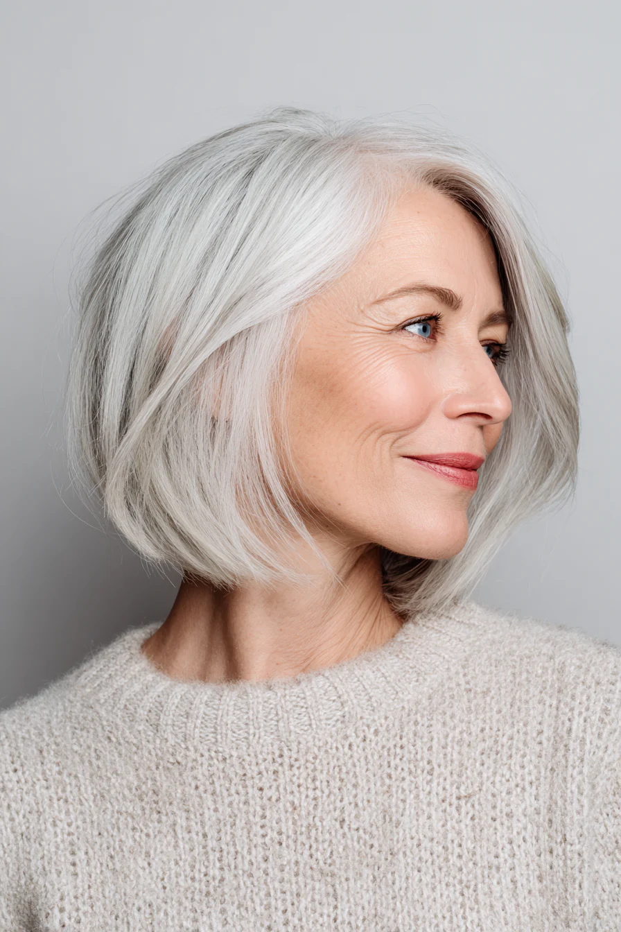25. Sanfter, rasierter Bob in Silber-Aschblond (Haarschnitte für Frauen über 60 mit schütterem Haar) – Haarschnitte für Frauen über 60 mit schütterem Haar