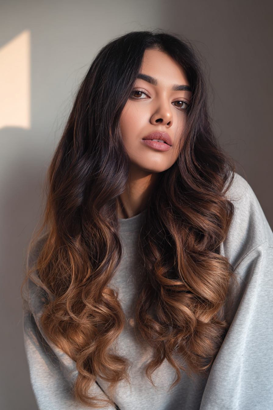 25. Hochglanzwellen mit Espresso-zu-Mocha-Ombre (lange Haarschnitte für ovales Gesicht)-lange Haarschnitte für oval geformte Gesicht