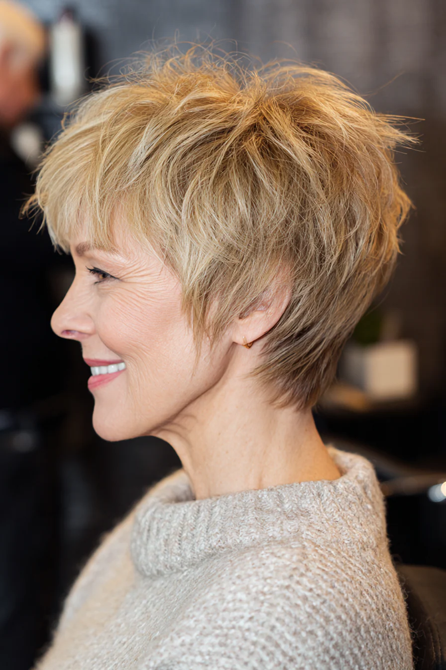 25. Goldblonder Shag Pixie mit angehobenen Schichten (kurze, zottelige Frisuren für ältere Frauen) – Kurze, zottelige Frisuren für ältere Frauen