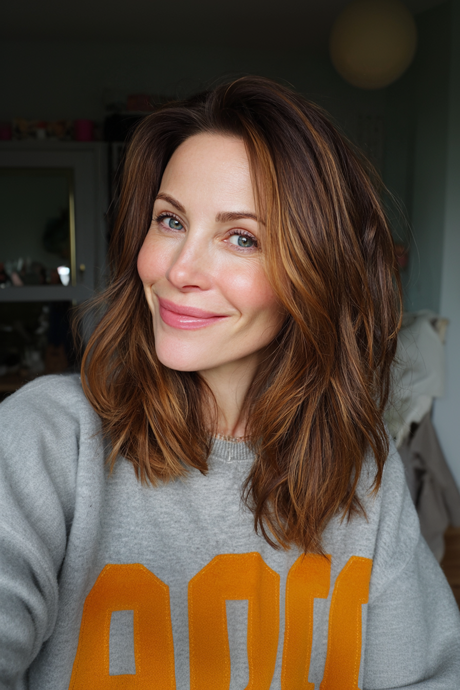 25. Absolvierte Schichten mit weicher Bernsteinfarbe (mittelgroße geschichtete Frisuren für Frauen über 40) - mit mittlere Länge geschichtete Frisuren für Frauen über 40