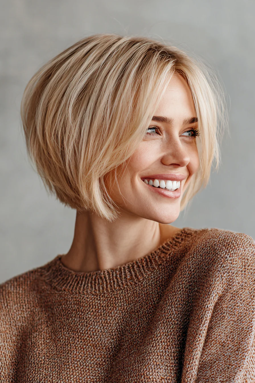25. Stufenbob mit butterblondem Balayage (Kurzhaarschnitte für Frauen über 40 mit feinem Haar) – Kurzhaarschnitte für Frauen über 40 mit feinem Haar