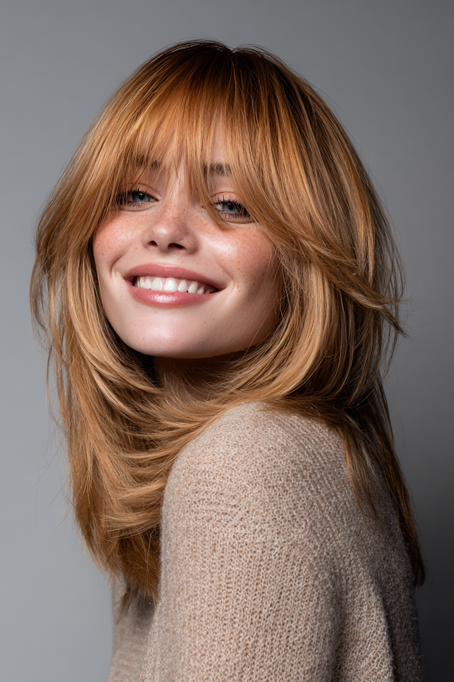 25. Layered Lob mit warmen Toffee Pony (lange Bob -Frisuren mit Pony) - lange Bob -Frisuren mit Pony