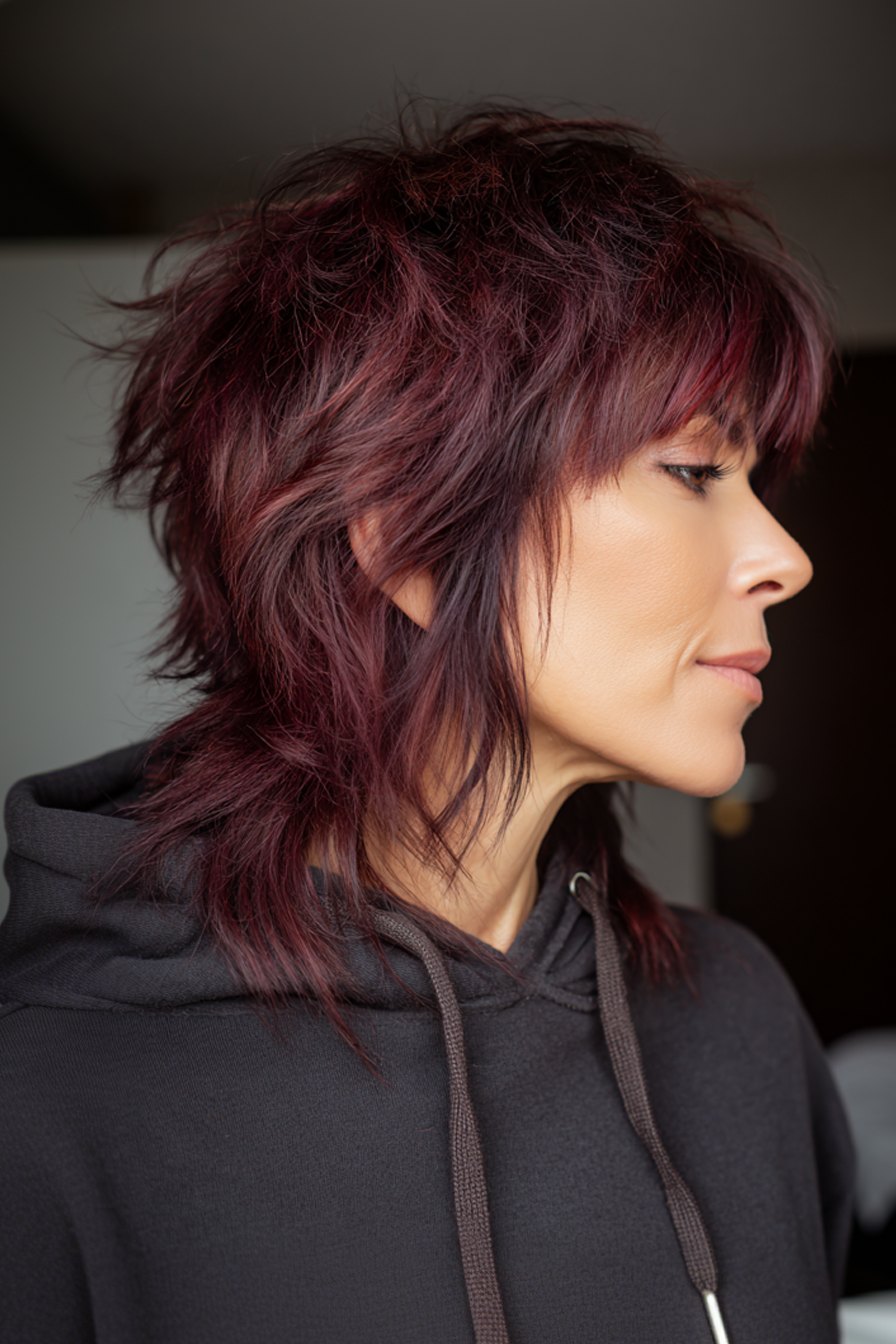 25. Layered Shag mit burgunderfarbene Tiefe (kantige Haarschnitte für Frauen über 50) - kantige Haarschnitte für Frauen über 50