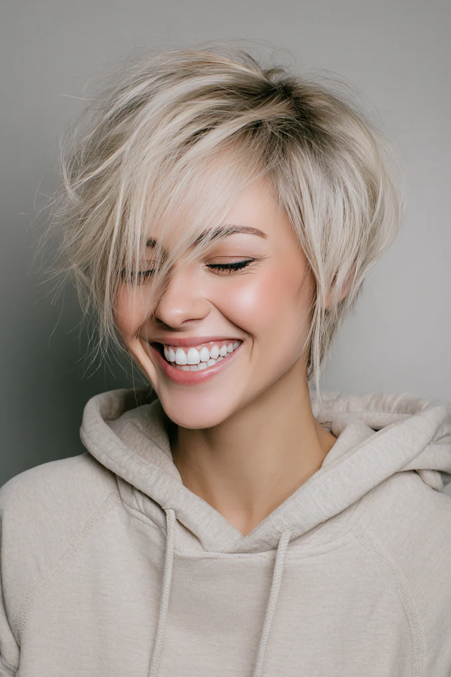 25. Kurzer, geschichteter blonder Schnitt mit Volumen (kurze blonde Frisuren) – Kurze blonde Frisuren