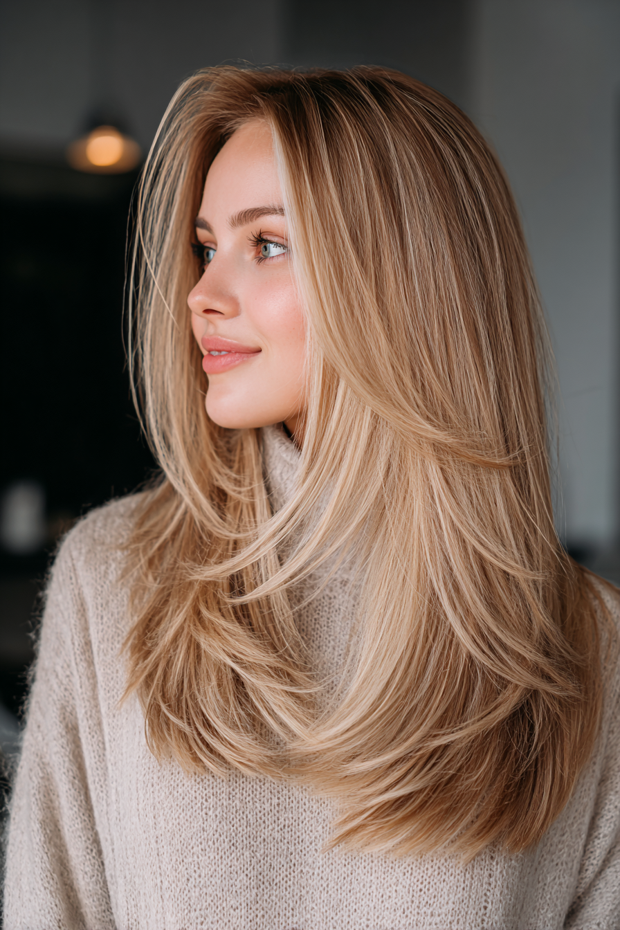 25. Lange gefiederte Schichten mit beigeblondem Ombre (Haarschnitte für glattes Haar) – Haarschnitte für glattes Haar