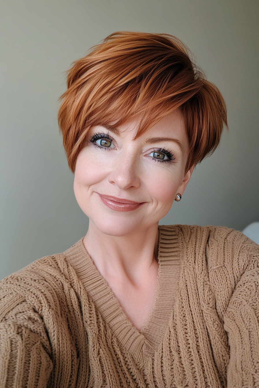 25. Maple Bronze Swoop Pixie (lange Pixie -Haarschnitte für ältere Frauen) - Lange Pixie -Haarschnitte für ältere Frauen