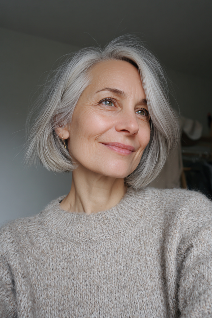 25. Minimalistischer Bob in klassischem Salz und Pfeffer (Kinnlänge Haarschnitte für ältere Frauen) - Haarschnitte für ältere Frauen kinnlänge