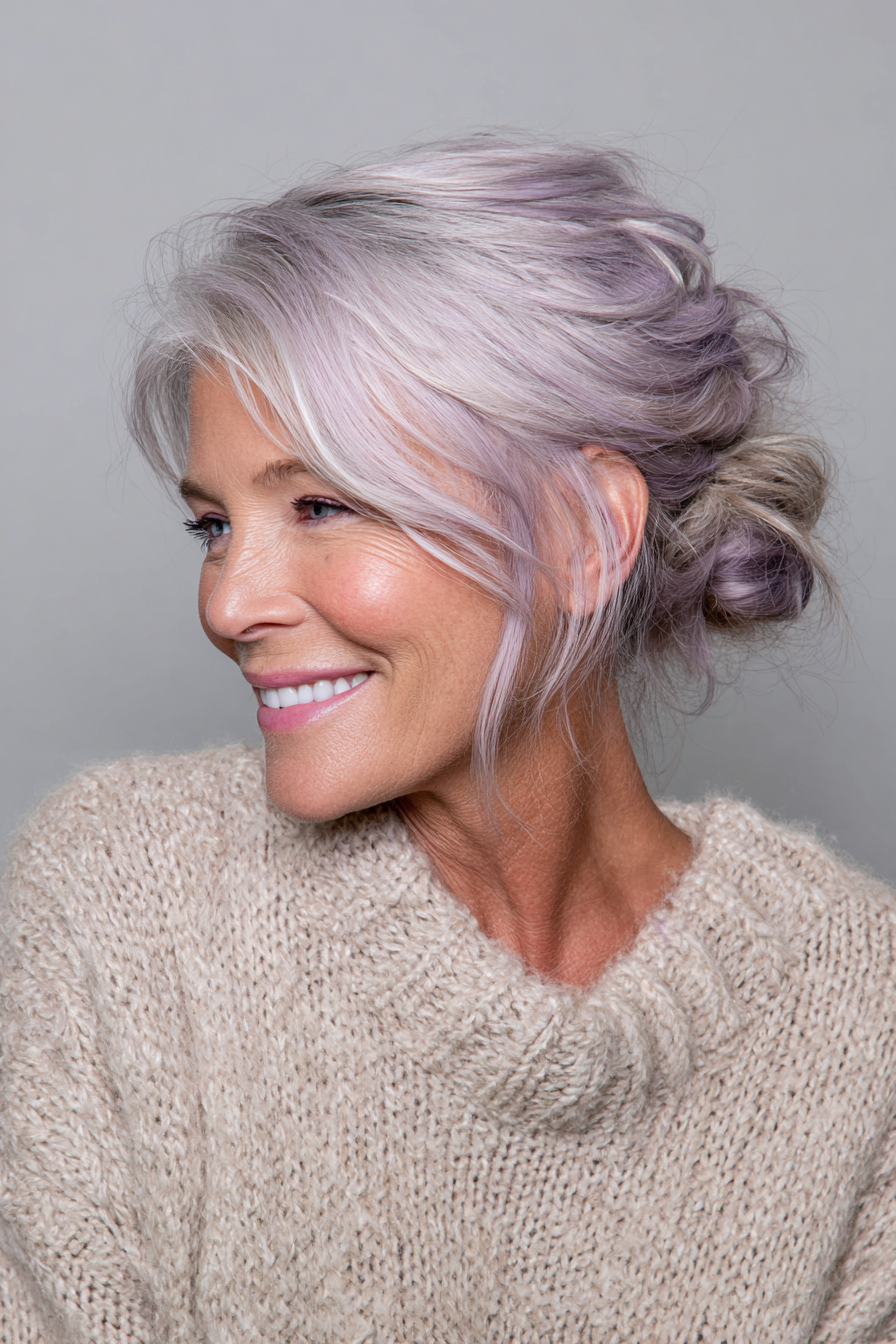 25. Misty Lilac Soft Hochsteckfrisur (Hochzeitsfrisuren für Frauen über 60) - Hochzeitsfrisuren für Frauen über 60