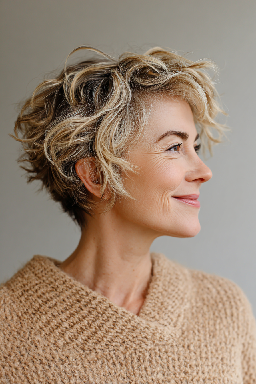 25. Moderne Wellenpixie mit Highlights (kurze Frisuren für Frauen über 50 mit welligen Haaren) - kurze Frisuren für Frauen über 50 mit welligen Haaren