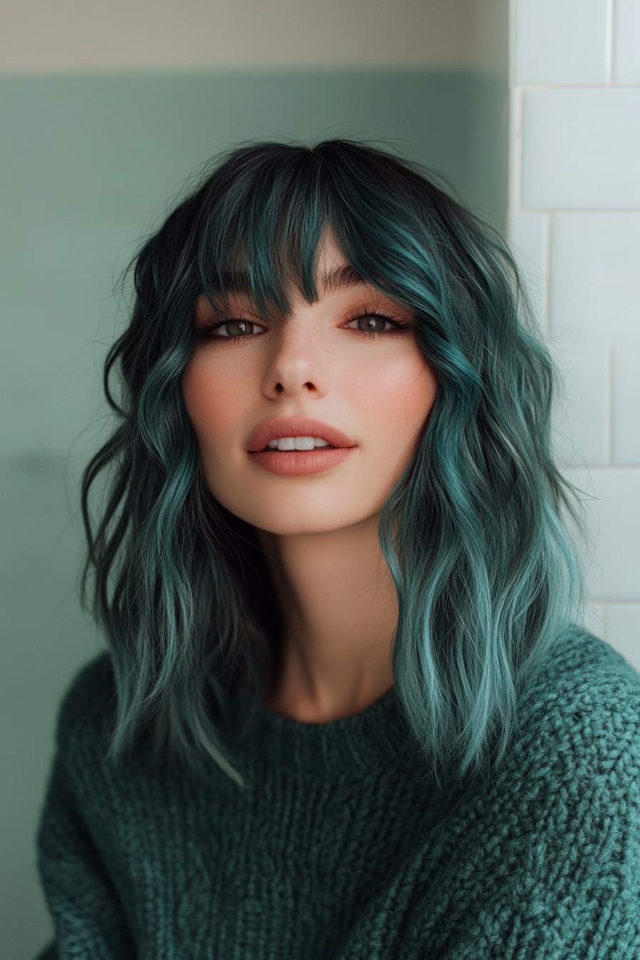 25. Moderner Wolf geschnitten mit Graphit blaugrün (wellige Haarschnitte mit Vorhangstücken) - wellige Haarschnitte mit Vorhangstücken