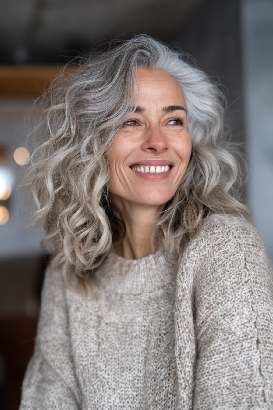 25. Natürliche graue Strandwellen (Frisuren für ältere Frauen mit welligem Haar) - Frisuren für ältere Frauen mit welligem Haar
