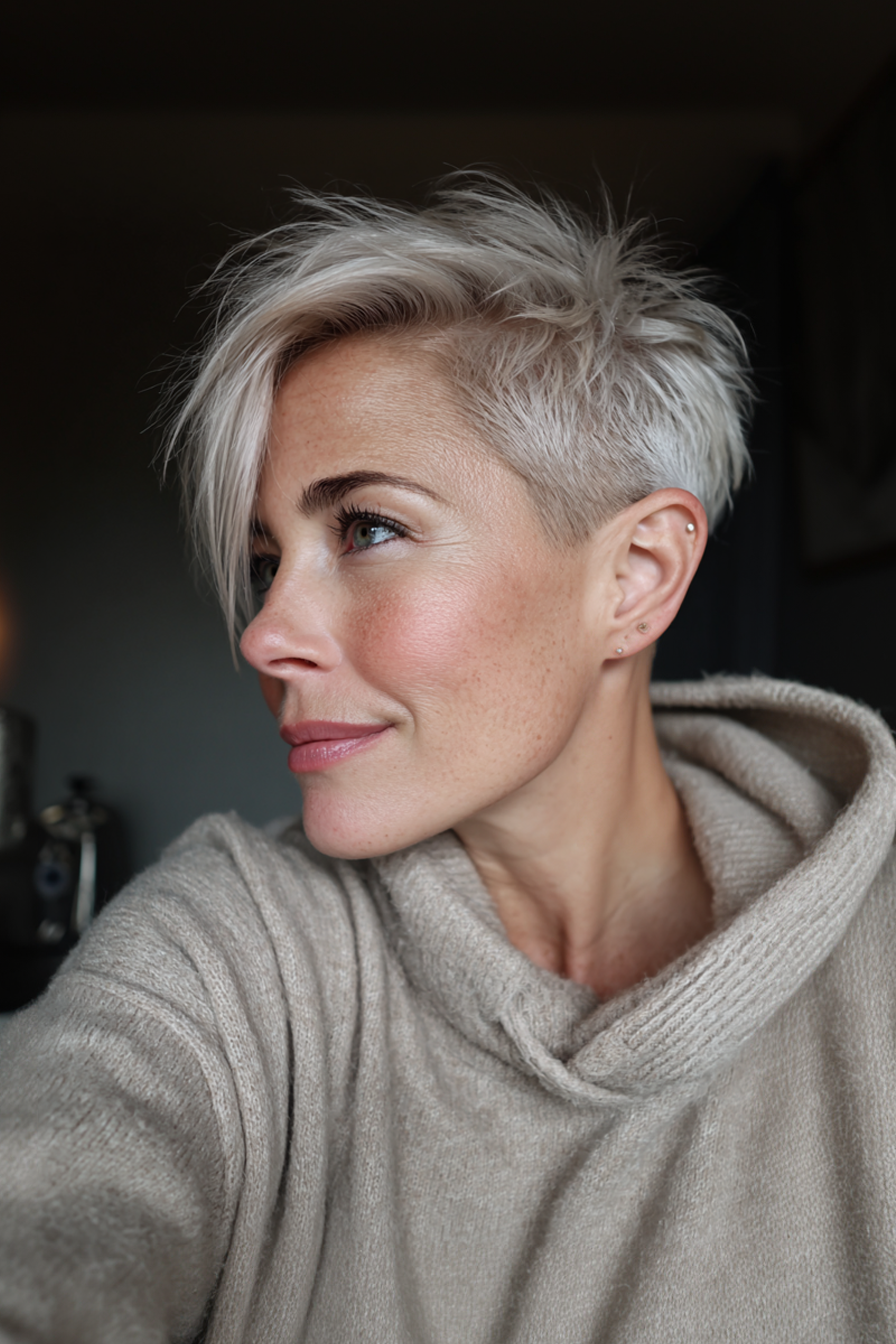 25. Platinernte mit Schattenwurzel (Pixie -Frisuren für Frauen über 40) - Pixie -Frisuren für Frauen über 40