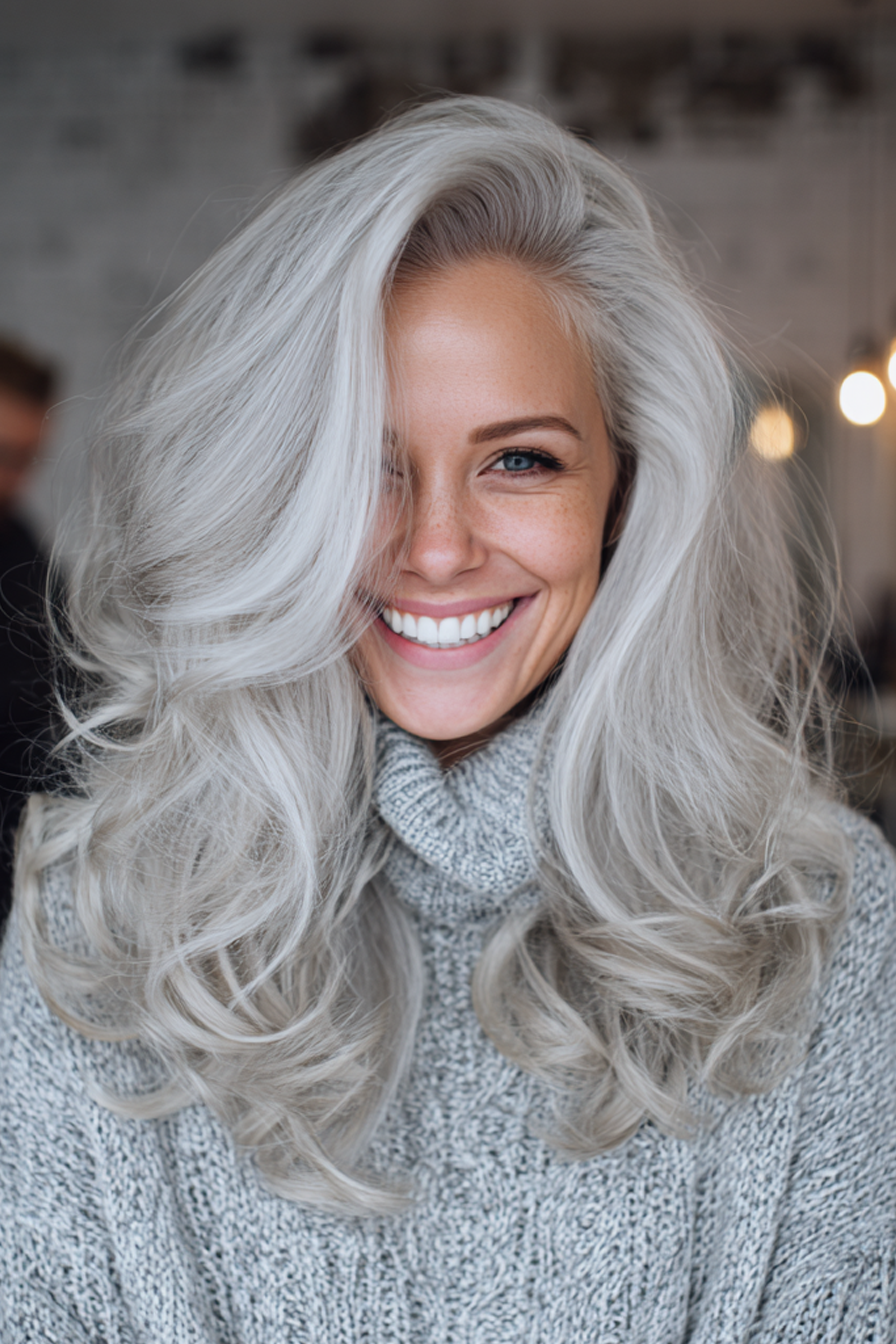 25. Platingrau lange Schichten mit Volumen (graue Frisuren für Frauen über 40) - graue Frisuren für Frauen über 40