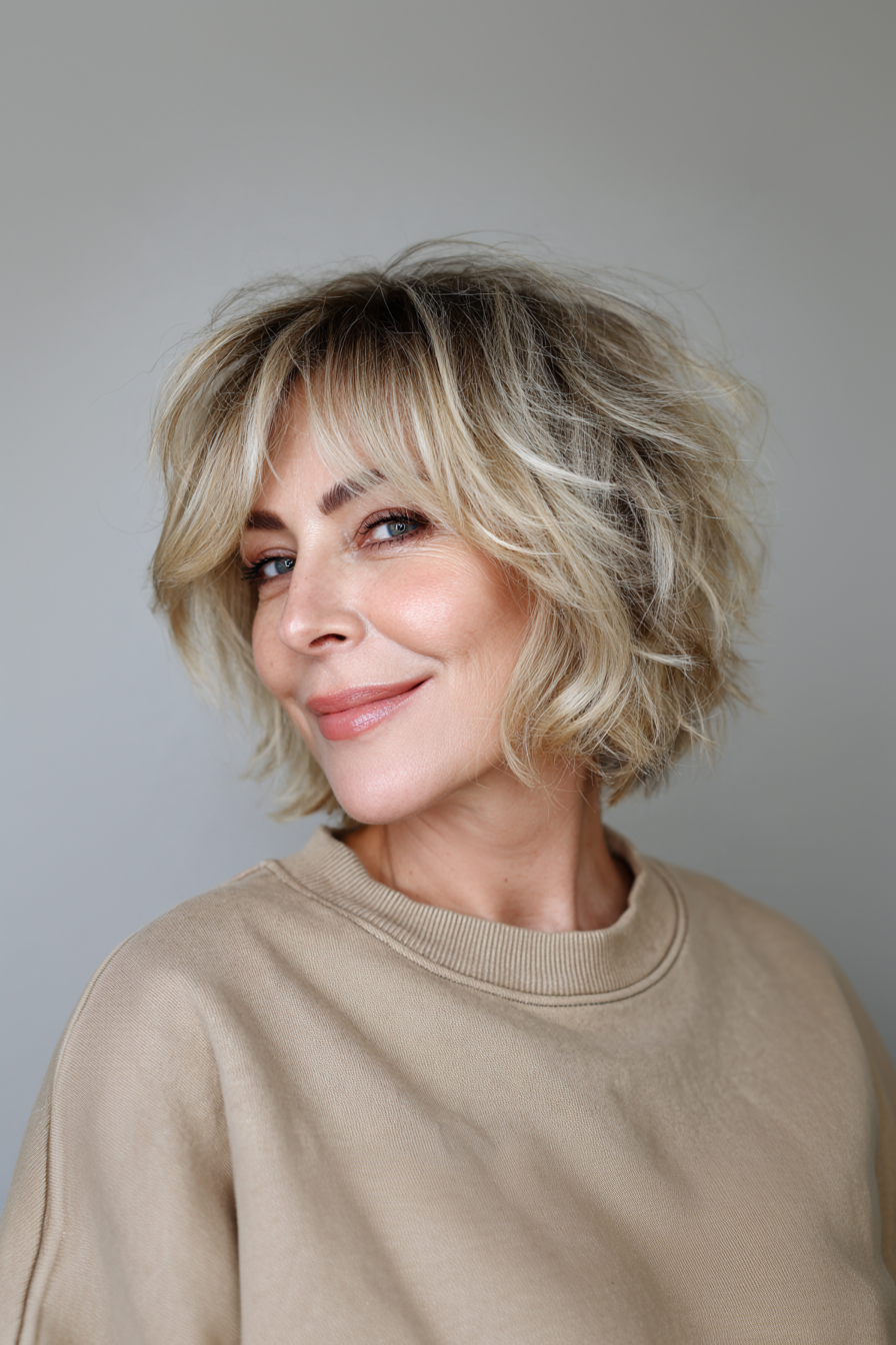 25. Shaggy Bob mit blonden Balayage (geschichtete Bob -Frisuren für Frauen über 50) - Layered Bob Frisuren für Frauen über 50