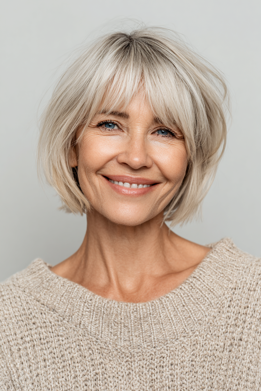 25. Kurzschichtiger Bob mit wispy Pony in weicher beige Blondine (kurze Bob -Haarschnitte für Frauen über 50) - kurze Schichthaarschnitte für Frauen über 50