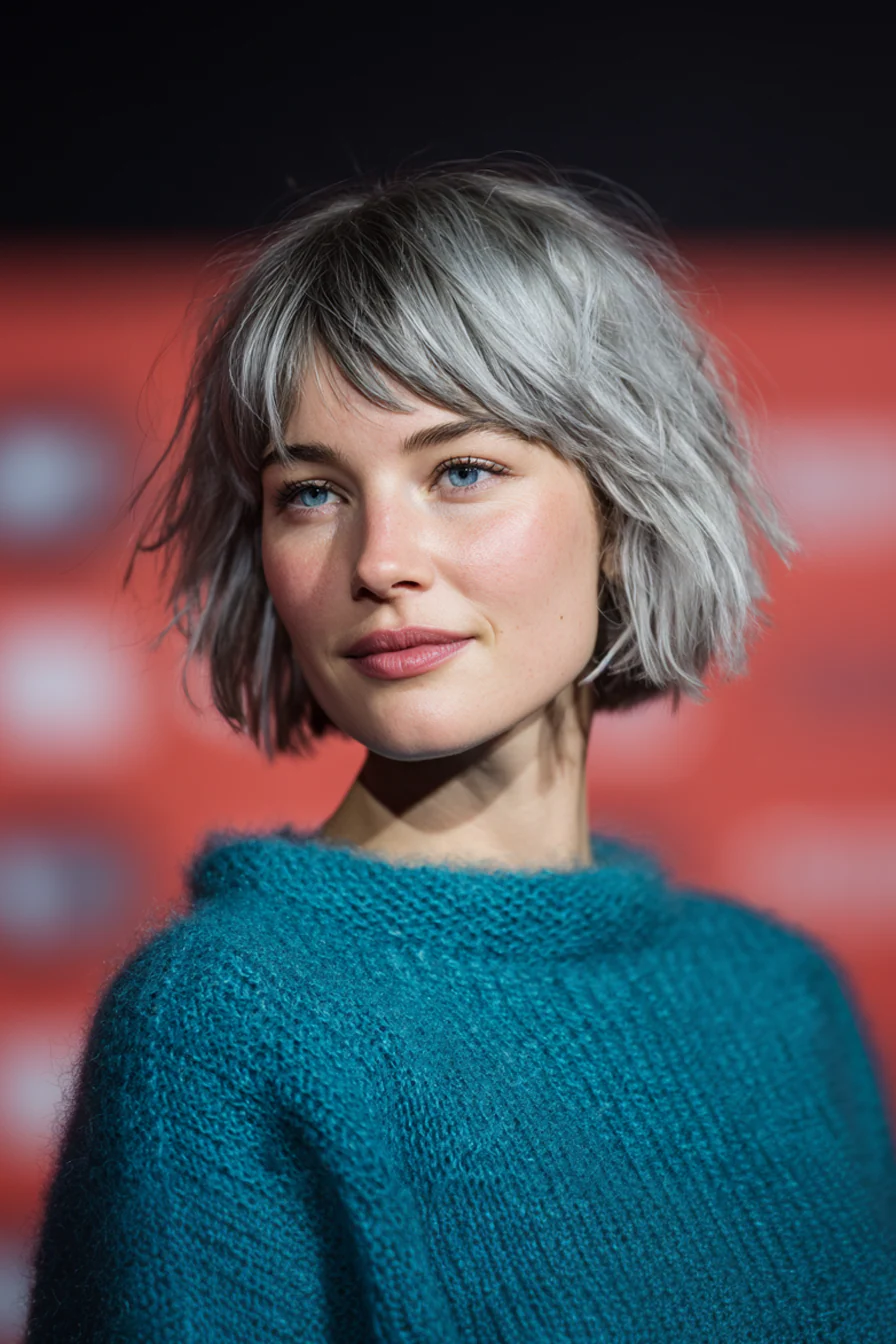 25. Kurzer, zotteliger Bob mit sanfter Graumischung (70er-Jahre-Frisuren für Frauen) – 70er-Jahre-Frisuren für Frauen