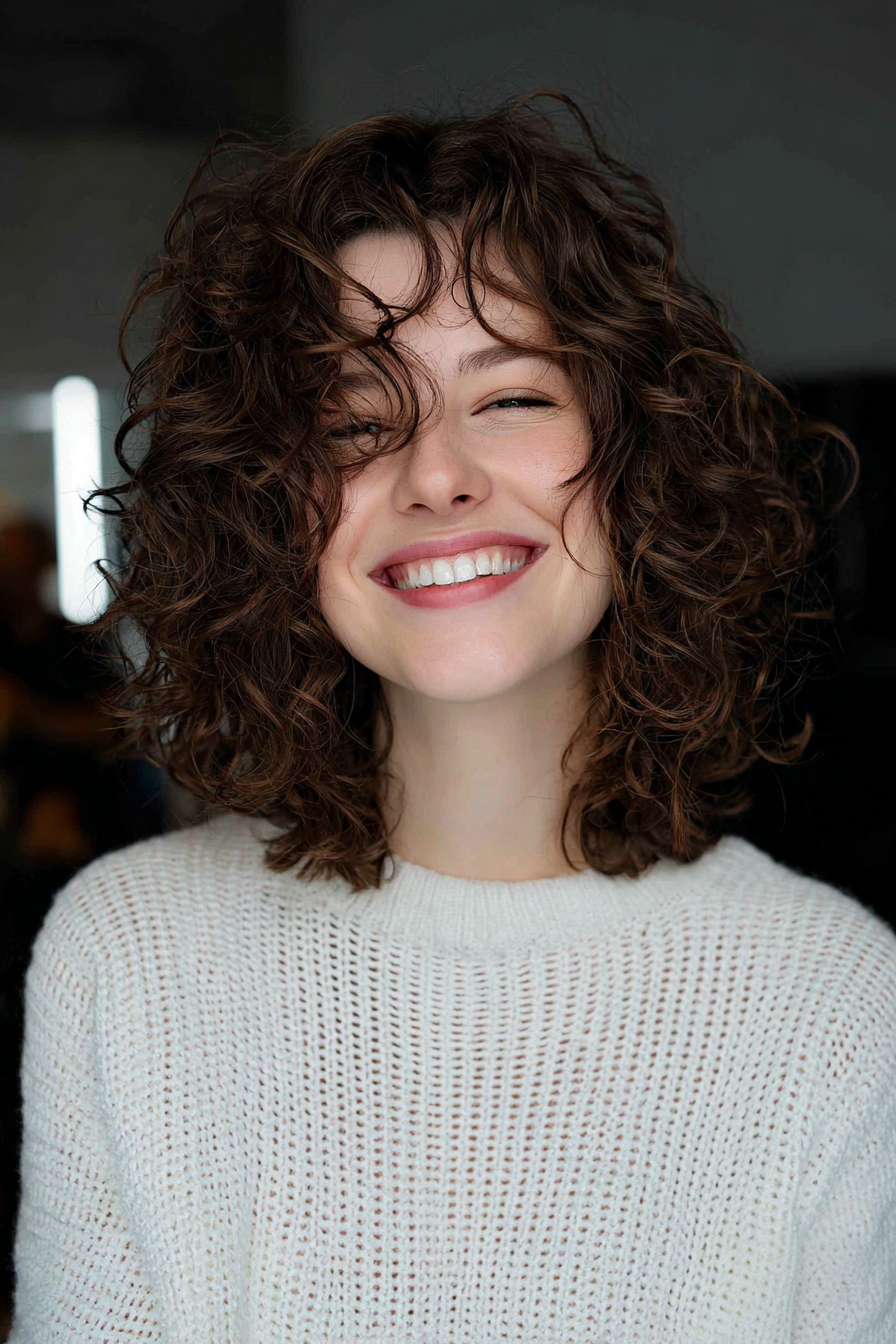 25. Schultergestäubte lockige Lob in weichen Braun (kurze lockige Haarschnitte für Frauen) - kurze lockige Haarschnitte für Frauen