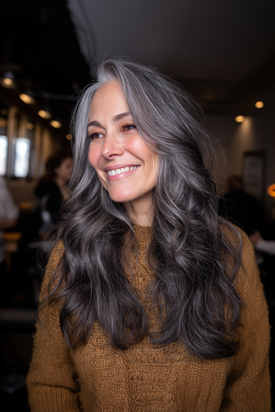 25. Rauchige Holzkohle lose Verjüngung (längere Haarschnitte für ältere Frauen) - längere Haarschnitte für ältere Frauen