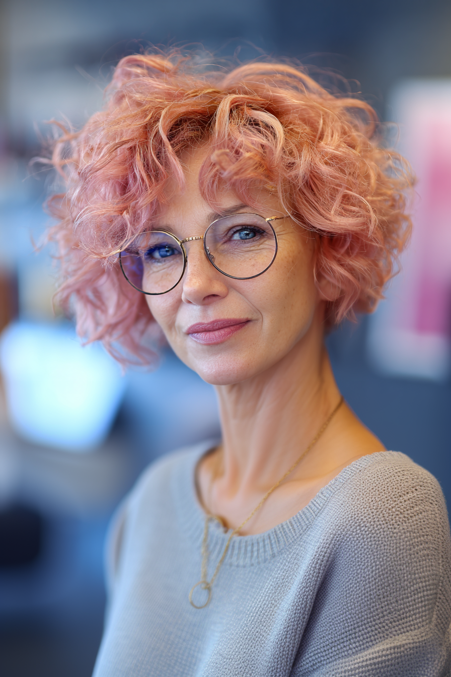 25. Soft Coral Short Curly Bob (kurze Frisuren für Frauen über 50 mit Brillen) - kurze Frisuren für Frauen über 50 mit Brille